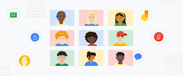 Graphic image showing nine cartoon headshots of different people, with icons floating around them such as a hand, a microphone and a padlock
